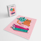 One more chapter // pastel pink background orange tabby cat striped mug with plants fuchsia pink and green books  Jigsaw Puzzle Gallery Image 2