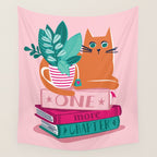 One more chapter // pastel pink background orange tabby cat striped mug with plants fuchsia pink and green books  Wall Tapestry Gallery Image 4