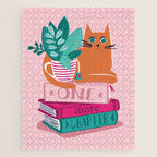 One more chapter // pastel pink background orange tabby cat striped mug with plants fuchsia pink and green books  Jigsaw Puzzle Gallery Image 1