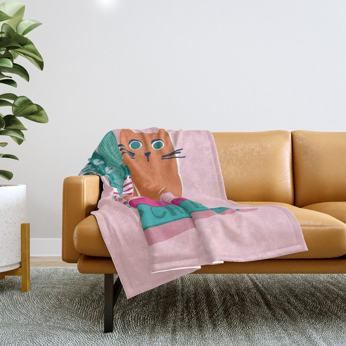 One more chapter // pastel pink background orange tabby cat striped mug with plants fuchsia pink and green books  Throw Blanket Gallery Image 1