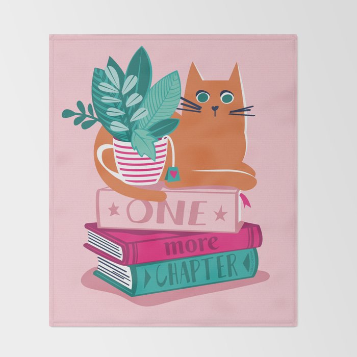 One more chapter // pastel pink background orange tabby cat striped mug with plants fuchsia pink and green books  Throw Blanket Gallery Image 2