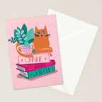 One more chapter // pastel pink background orange tabby cat striped mug with plants fuchsia pink and green books  Stationery Card Gallery Image 2