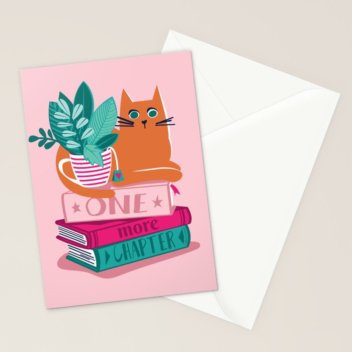 One more chapter // pastel pink background orange tabby cat striped mug with plants fuchsia pink and green books  Stationery Card Gallery Image 2