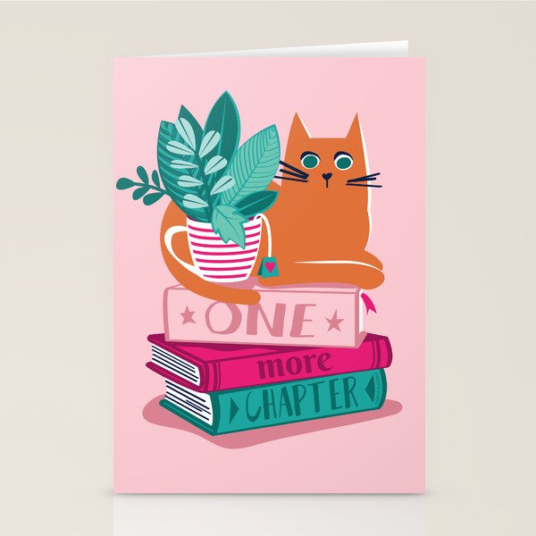 One more chapter // pastel pink background orange tabby cat striped mug with plants fuchsia pink and green books  Stationery Card Gallery Image 2