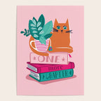 One more chapter // pastel pink background orange tabby cat striped mug with plants fuchsia pink and green books  Poster Gallery Image 4