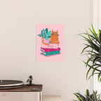One more chapter // pastel pink background orange tabby cat striped mug with plants fuchsia pink and green books  Poster Gallery Image 2