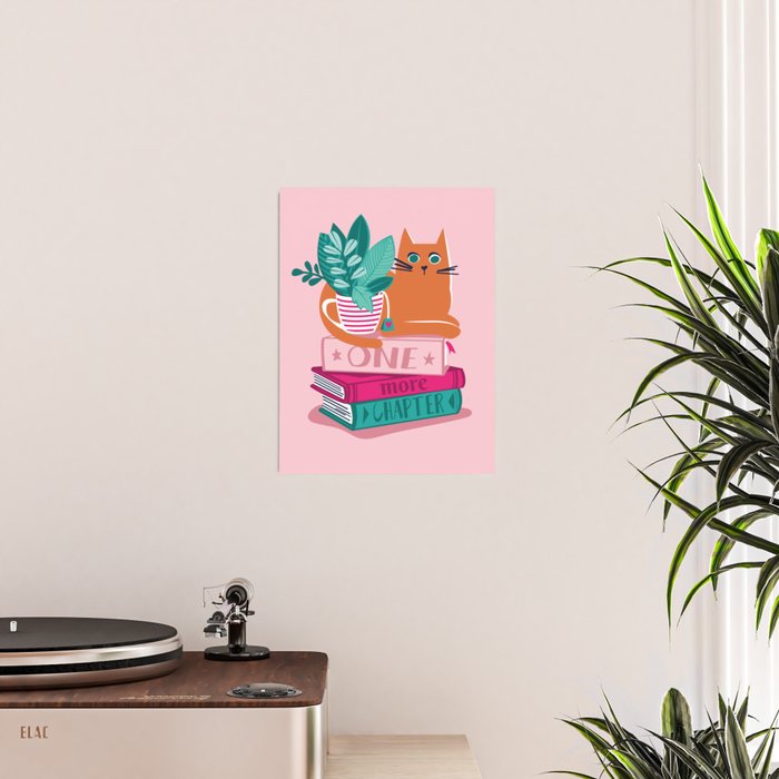 One more chapter // pastel pink background orange tabby cat striped mug with plants fuchsia pink and green books  Poster Gallery Image 2
