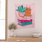 One more chapter // pastel pink background orange tabby cat striped mug with plants fuchsia pink and green books  Wall Tapestry Gallery Image 2