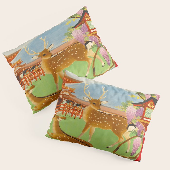 Vintage Mid Century Modern Japan Travel Poster Deer Red Pagoda Wisteria Garden Pillow Sham Gallery Image 1