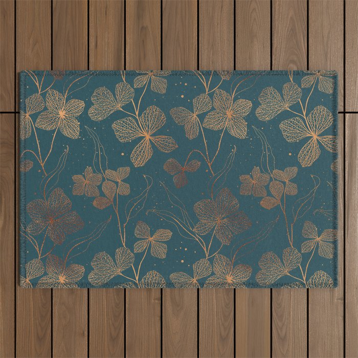Copper Art Deco Flowers on Emerald  Outdoor Rug Gallery Image 1