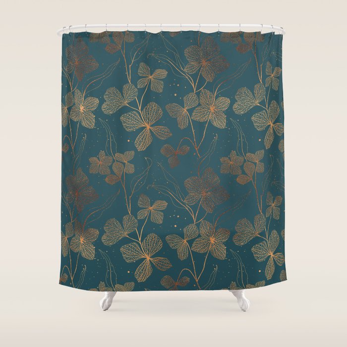 Copper Art Deco Flowers on Emerald  Shower Curtain Gallery Image 1