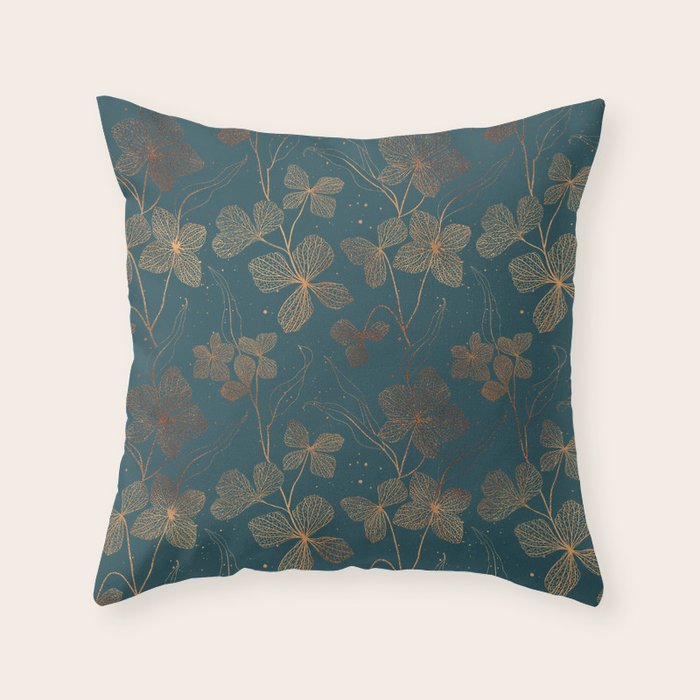 Copper Art Deco Flowers on Emerald  Throw Pillow Gallery Image 6