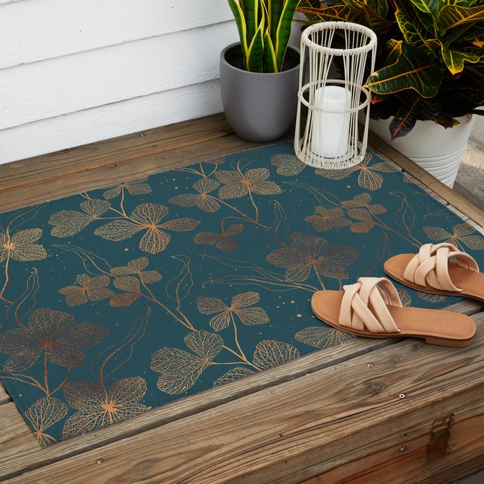 Copper Art Deco Flowers on Emerald  Outdoor Rug Gallery Image 2