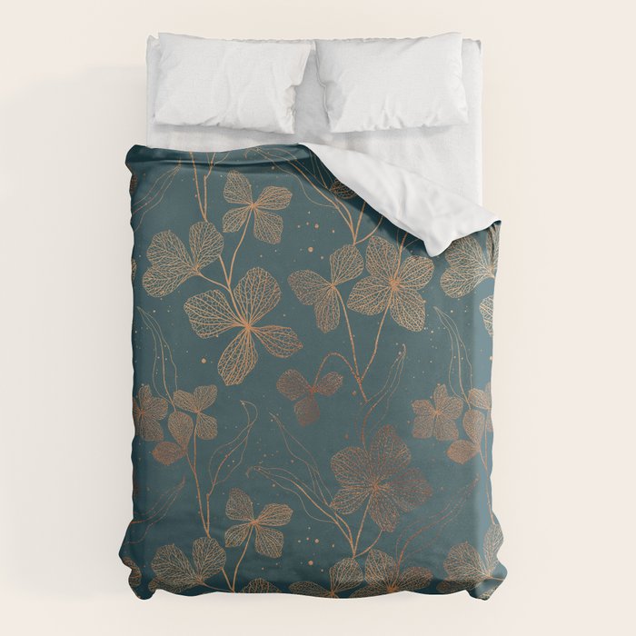 Copper Art Deco Flowers on Emerald  Duvet Cover Gallery Image 6