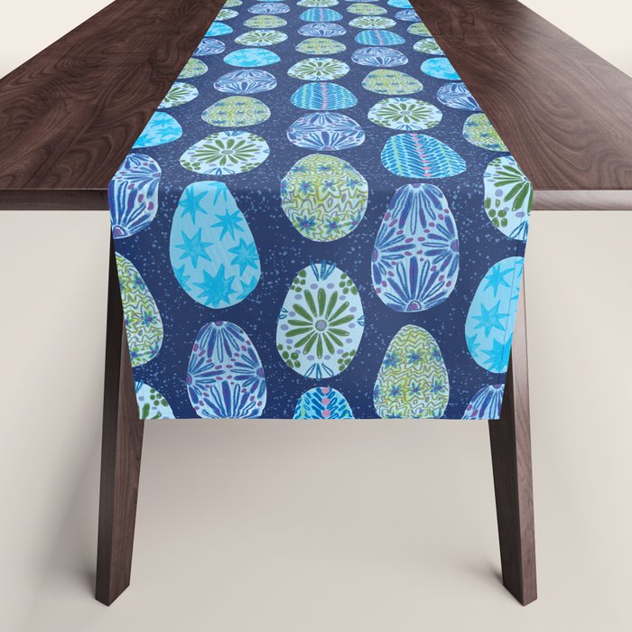Colorful Folk Art Easter Eggs in Teal & Navy Blue Table Runner Gallery Image 1