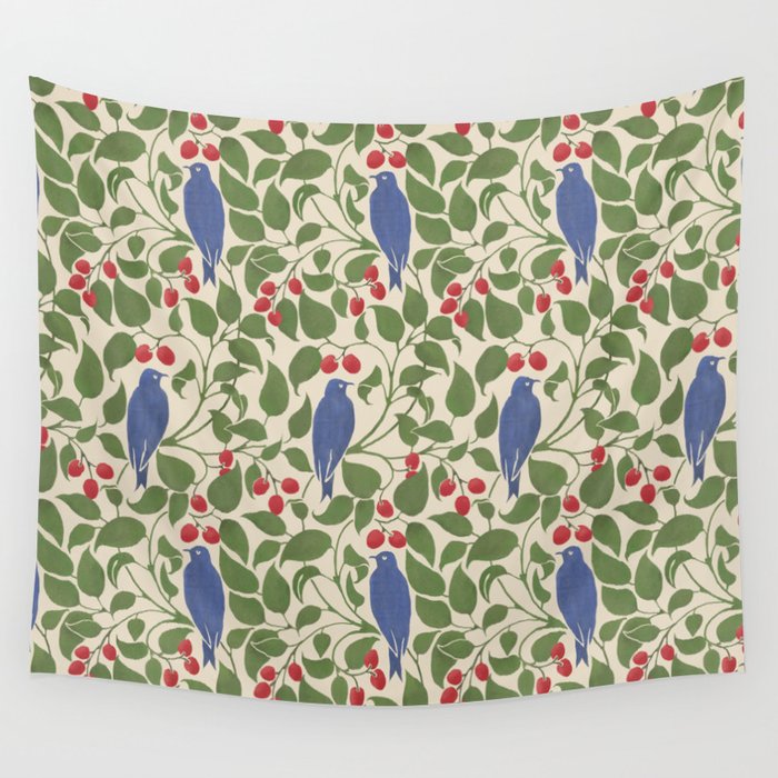 Vintage Blue Birds And Cherries Wall Tapestry Gallery Image 4