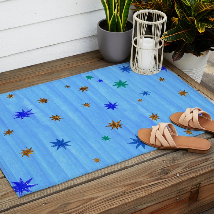 Celestial Star Twinkle in Blue Watercolor Outdoor Rug Gallery Image 2