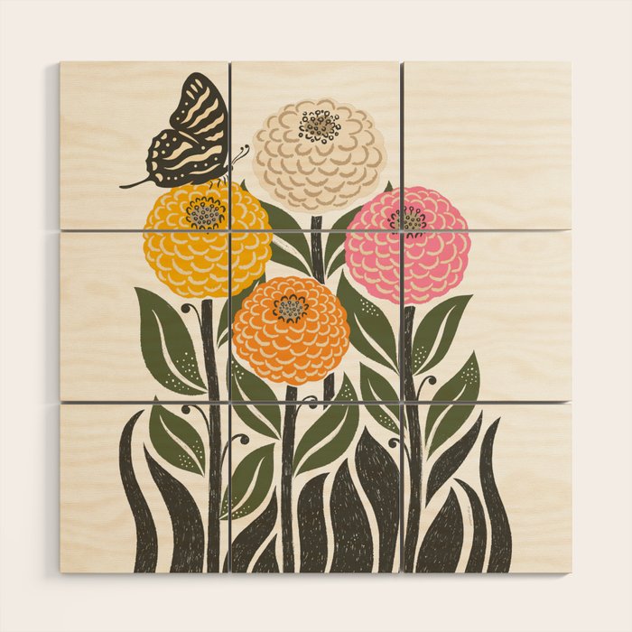 Bloom Wildly - Colorful Zinnia Flowers and Butterfly Wood Wall Art Gallery Image 1