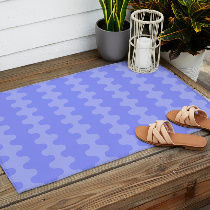 Modern Retro Wavy Ogee A-Go-Go Pop Stripes in Periwinkle Purple Outdoor Rug Gallery Image 2