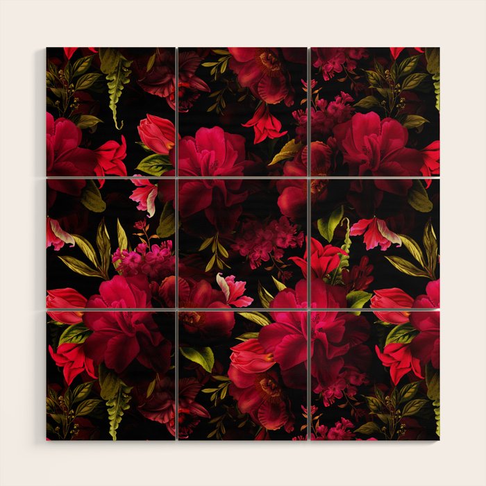 Vintage & Shabby Chic - Dark Red Antique Night Roses Botanical Garden Wood Wall Art Gallery Image 1