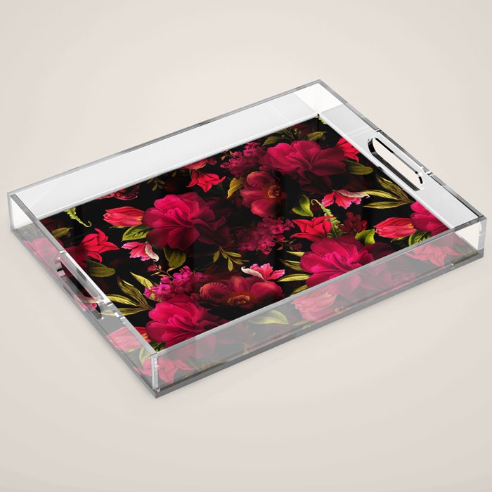 Vintage & Shabby Chic - Dark Red Antique Night Roses Botanical Garden Acrylic Tray Gallery Image 1