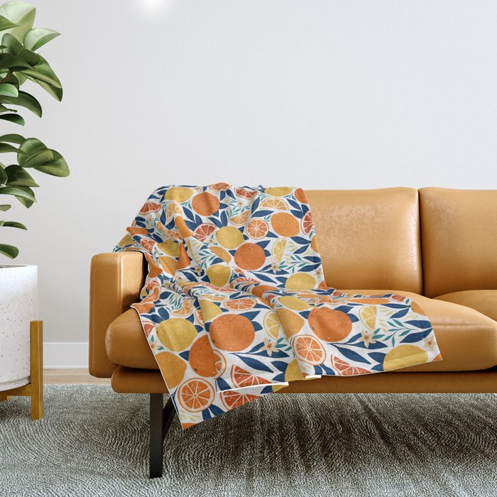 Citrus Fruits - Blue and Orange Throw Blanket Gallery Image 1