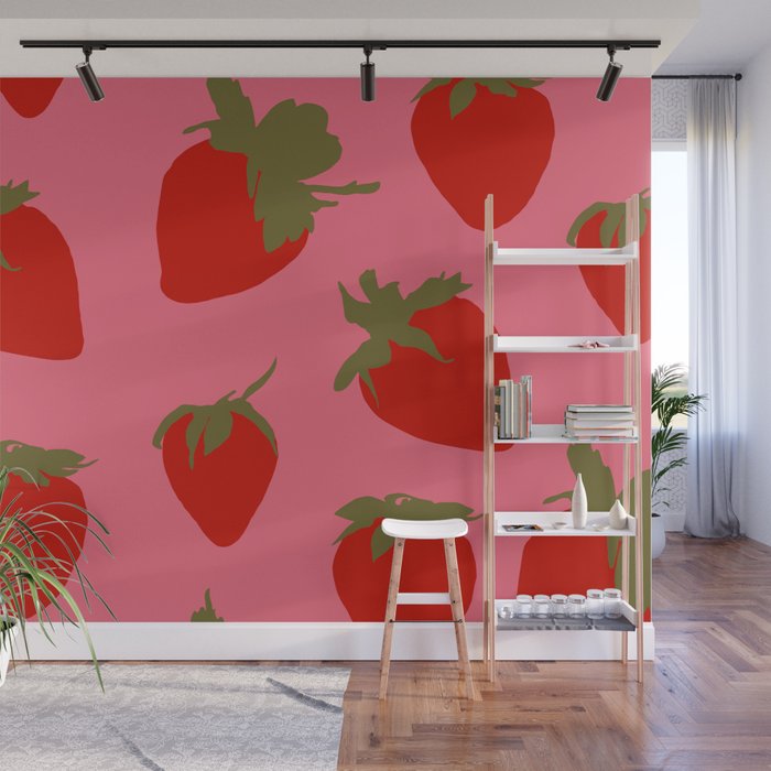 Strawberries Pattern on Pink Wall Mural Gallery Image 1