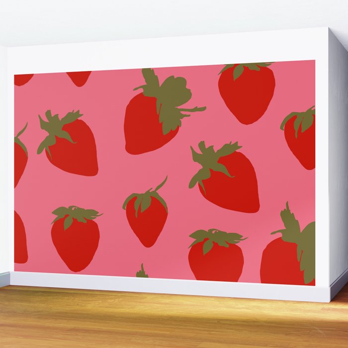 Strawberries Pattern on Pink Wall Mural Gallery Image 2