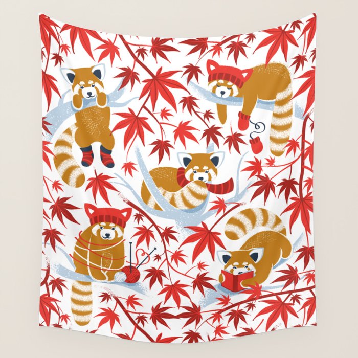 Red panda blending with the foliage // white background desert sun brown cozy animals fog blue tree branches red acer leaves Wall Tapestry Gallery Image 4