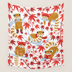 Red panda blending with the foliage // white background desert sun brown cozy animals fog blue tree branches red acer leaves Wall Tapestry Gallery Image 4