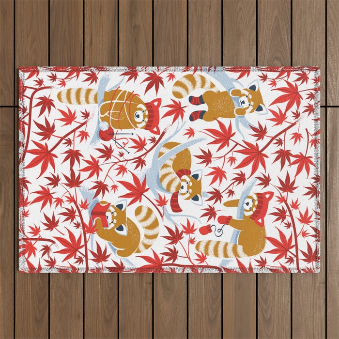 Red panda blending with the foliage // white background desert sun brown cozy animals fog blue tree branches red acer leaves Outdoor Rug Gallery Image 1