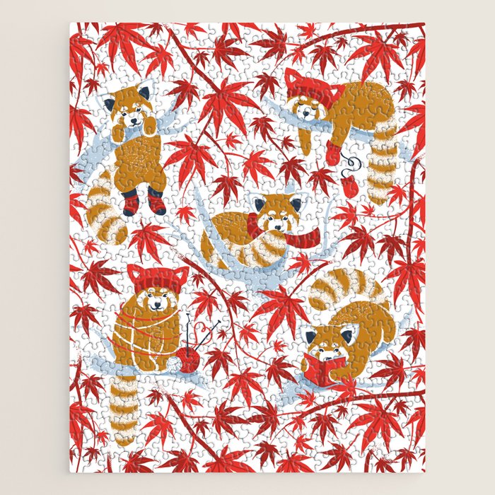 Red panda blending with the foliage // white background desert sun brown cozy animals fog blue tree branches red acer leaves Jigsaw Puzzle Gallery Image 1