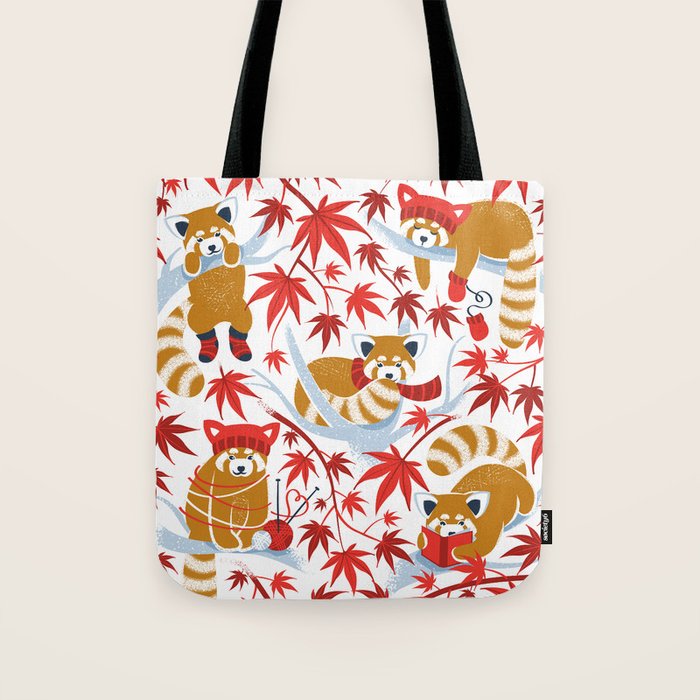 Red panda blending with the foliage // white background desert sun brown cozy animals fog blue tree branches red acer leaves Tote Bag Gallery Image 1