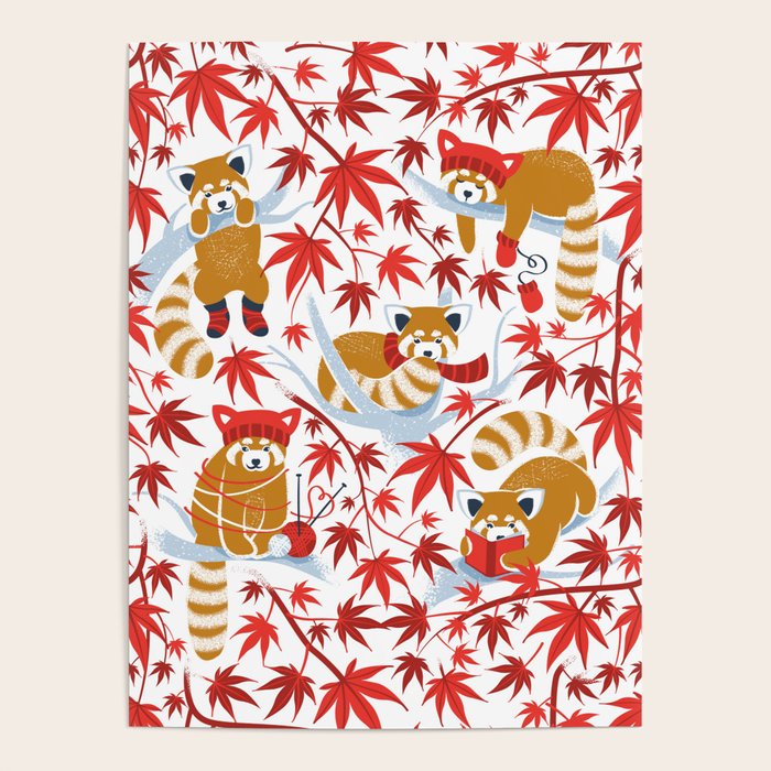 Red panda blending with the foliage // white background desert sun brown cozy animals fog blue tree branches red acer leaves Poster Gallery Image 1