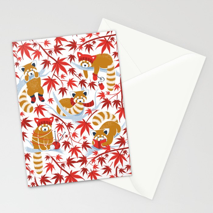 Red panda blending with the foliage // white background desert sun brown cozy animals fog blue tree branches red acer leaves Stationery Card Gallery Image 2