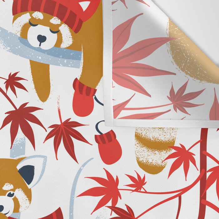 Red panda blending with the foliage // white background desert sun brown cozy animals fog blue tree branches red acer leaves Wall Tapestry Gallery Image 3