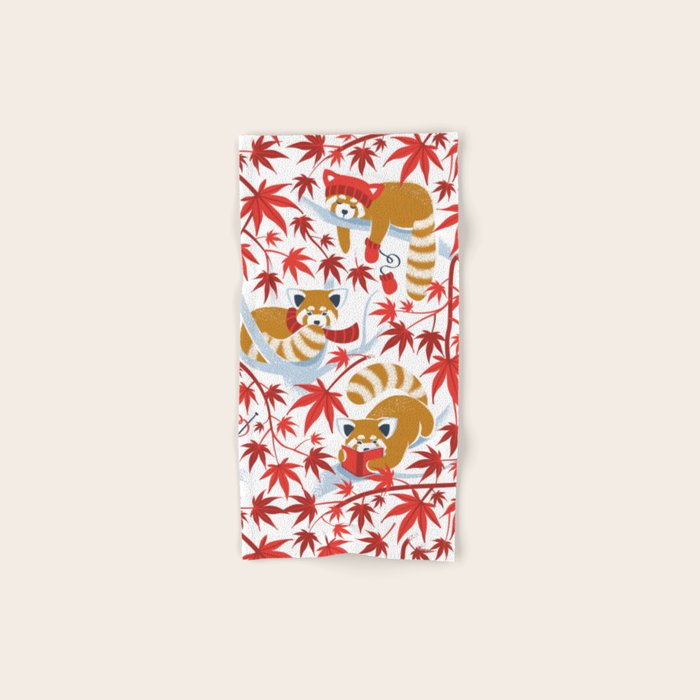 Red panda blending with the foliage // white background desert sun brown cozy animals fog blue tree branches red acer leaves Bath Towel Gallery Image 1