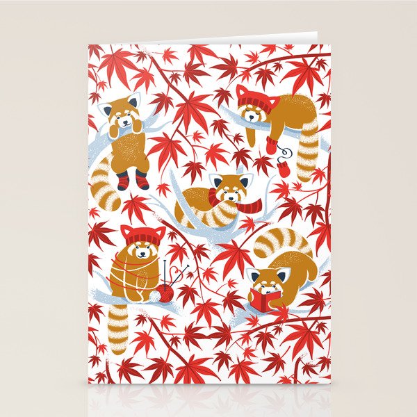 Red panda blending with the foliage // white background desert sun brown cozy animals fog blue tree branches red acer leaves Stationery Card Gallery Image 2