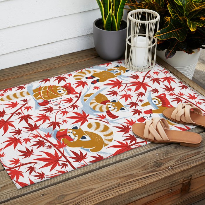 Red panda blending with the foliage // white background desert sun brown cozy animals fog blue tree branches red acer leaves Outdoor Rug Gallery Image 2