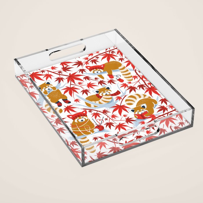 Red panda blending with the foliage // white background desert sun brown cozy animals fog blue tree branches red acer leaves Acrylic Tray Gallery Image 1