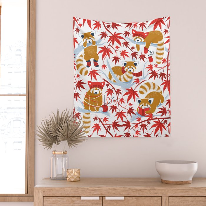 Red panda blending with the foliage // white background desert sun brown cozy animals fog blue tree branches red acer leaves Wall Tapestry Gallery Image 2