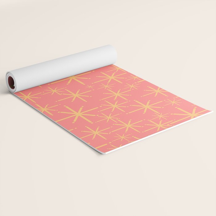Twinkling Retro Starburst Pattern in Pink and Mustard Yellow Yoga Mat Gallery Image 2