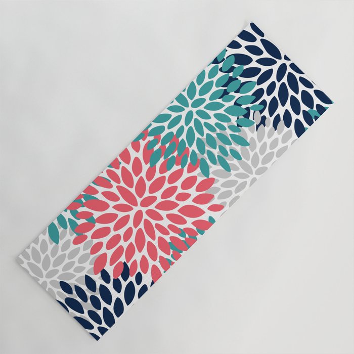 Floral Blooms, Coral Pink, Navy, Teal, Gray Yoga Mat Gallery Image 1