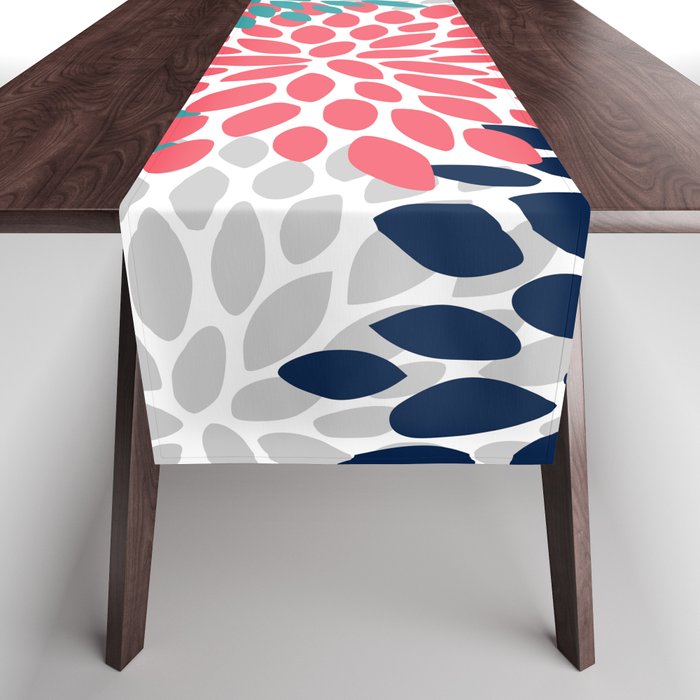 Floral Blooms, Coral Pink, Navy, Teal, Gray Table Runner Gallery Image 1