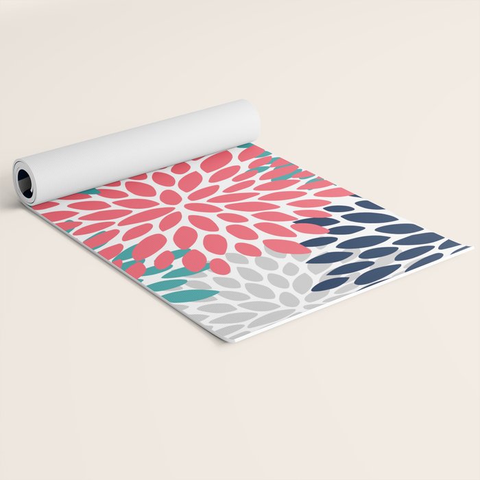 Floral Blooms, Coral Pink, Navy, Teal, Gray Yoga Mat Gallery Image 2