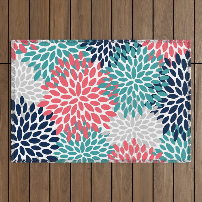 Floral Blooms, Coral Pink, Navy, Teal, Gray Outdoor Rug Gallery Image 1