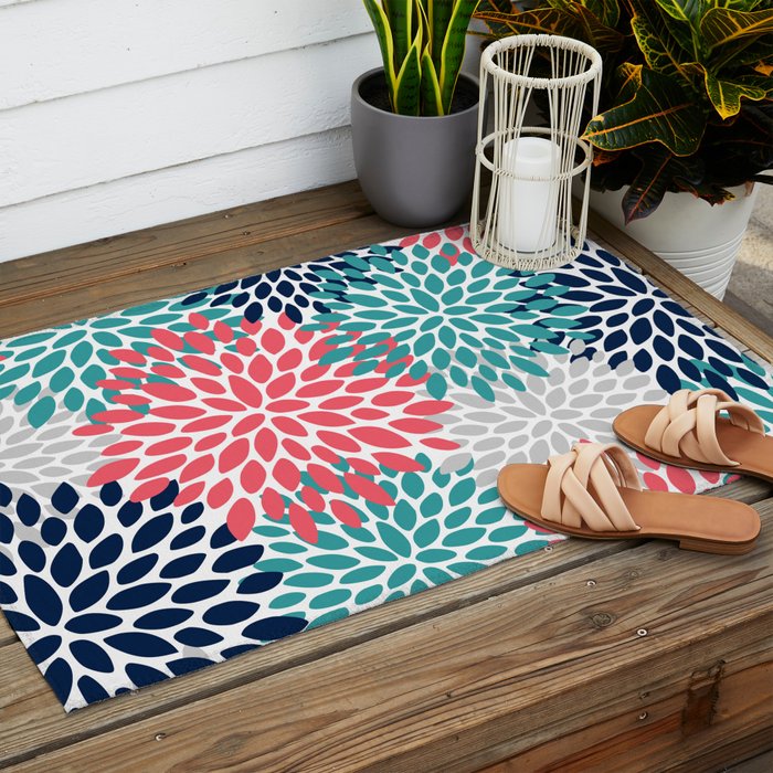 Floral Blooms, Coral Pink, Navy, Teal, Gray Outdoor Rug Gallery Image 2