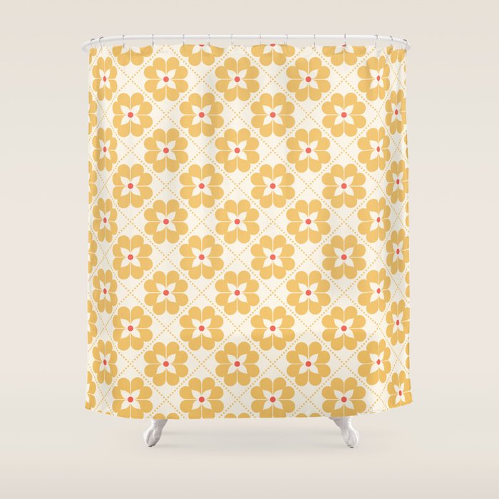 Retro Floral Pattern in Yellow Shower Curtain Gallery Image 1