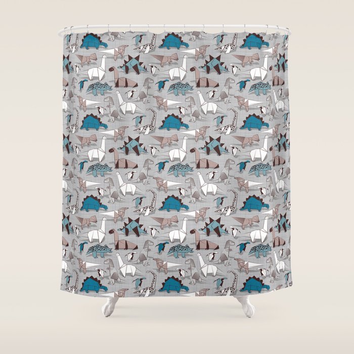 Origami dino friends // grey linen texture blue dinosaurs Shower Curtain Gallery Image 1