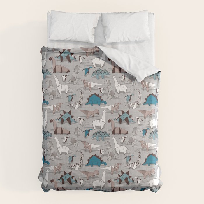 Origami dino friends // grey linen texture blue dinosaurs Duvet Cover Gallery Image 1